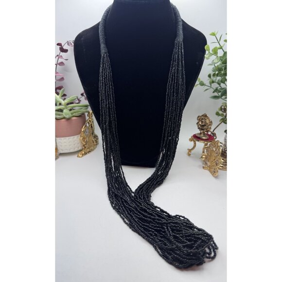 Vintage Multi Strand Jet Black Beaded Long Necklace 34 Inches Long - Picture 1 of 9